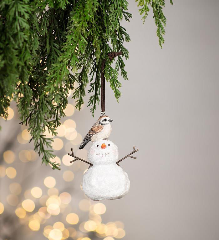 Bird Sitting on Snowman Ornament - Ornament