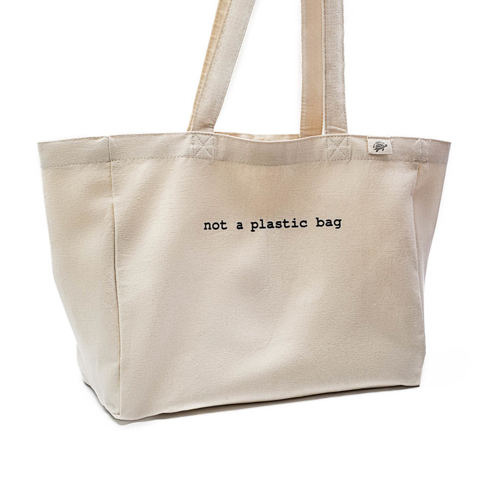 Large Canvas Tote Bag With Pockets With Not A Plastic Bag Text Design