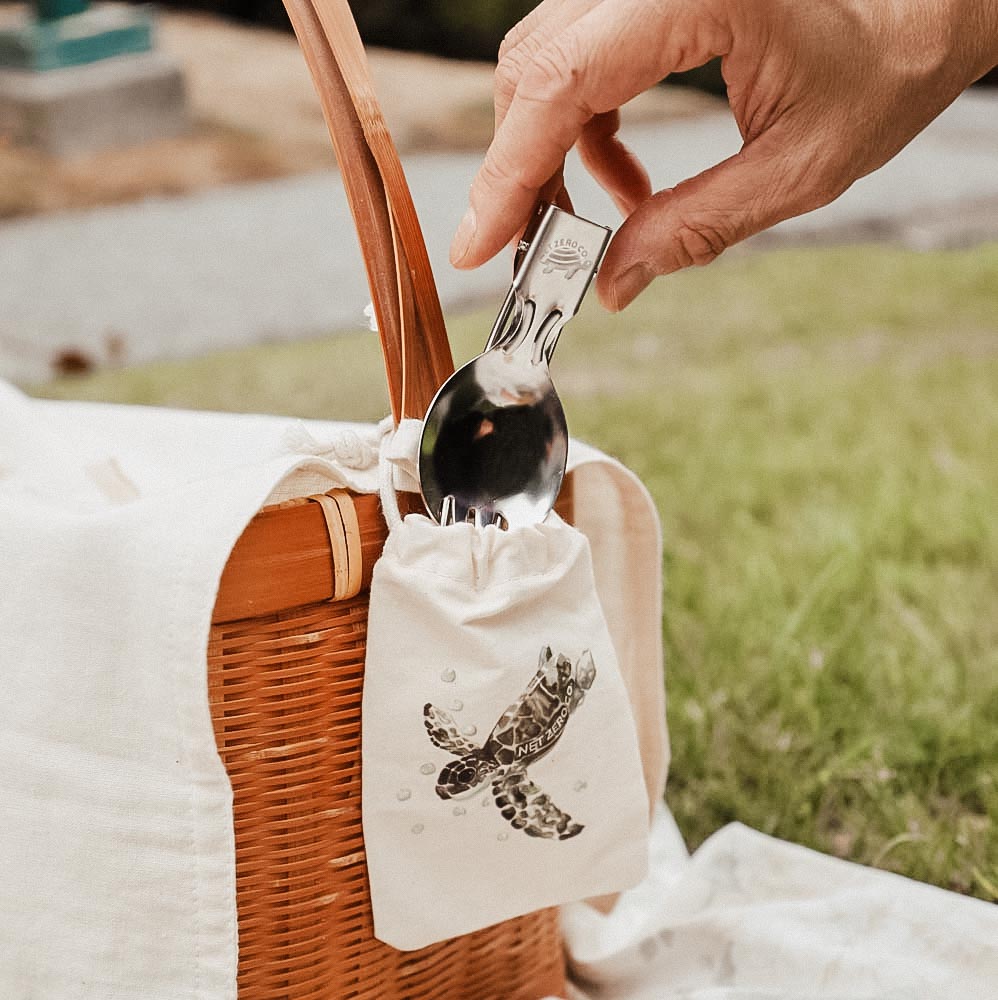 Hand Reaching For Stainless Steel Folding Spork Next To Picnic Basket