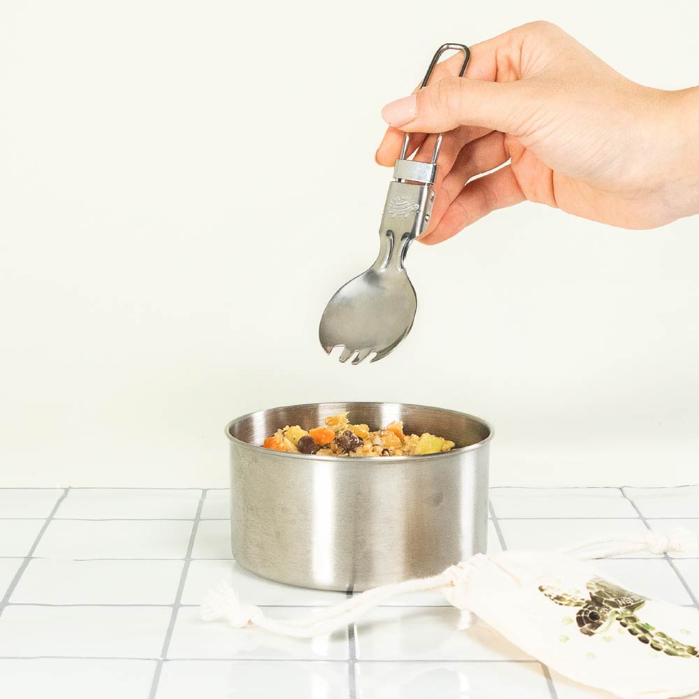 Stainless Steel Folding Spork For Quinoa Salad In Stainless Steel Container