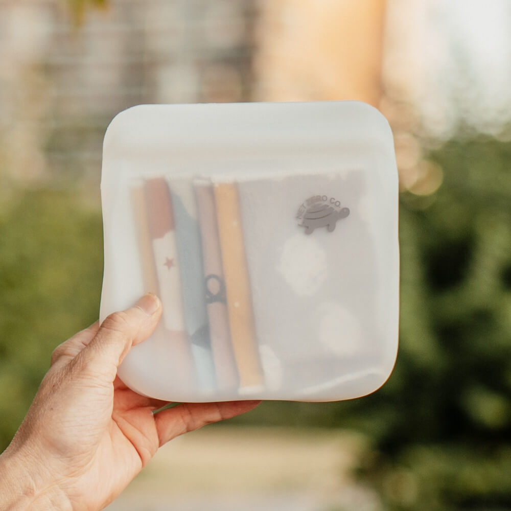 Reusable toilet paper inside small Silicone Zip Sealer.