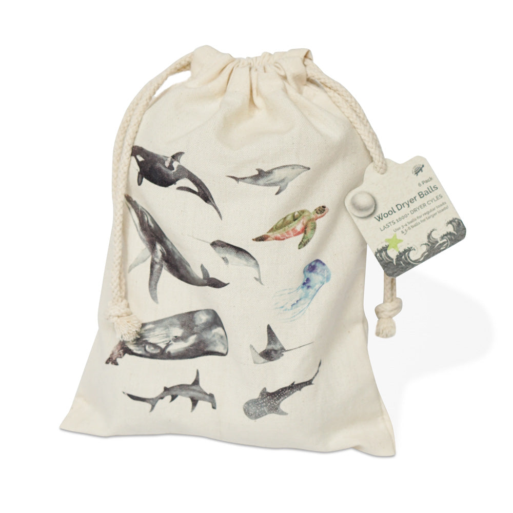 Marine Watercolor Wool Dryer Ball Organic Cotton Bag